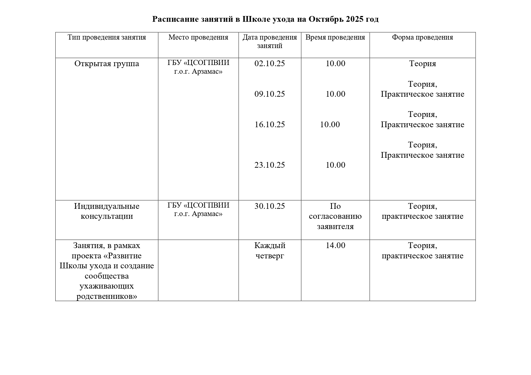 Расписание занятий по школе ухода на октябрь 2025 